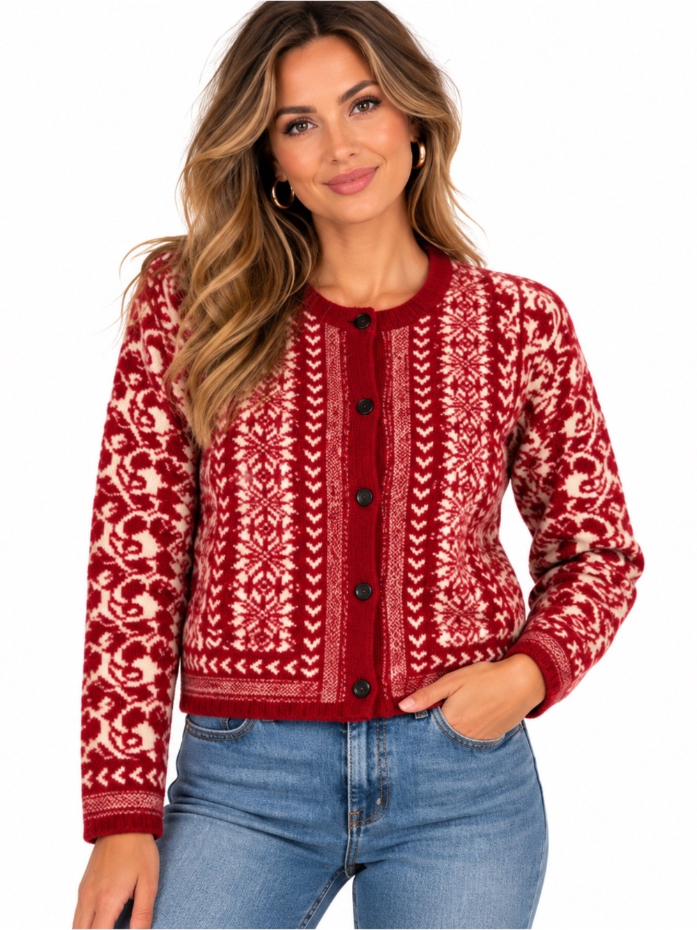 Croft & Barrow Red Cream Fair Isle Nordic Cardigan Sweater Size S